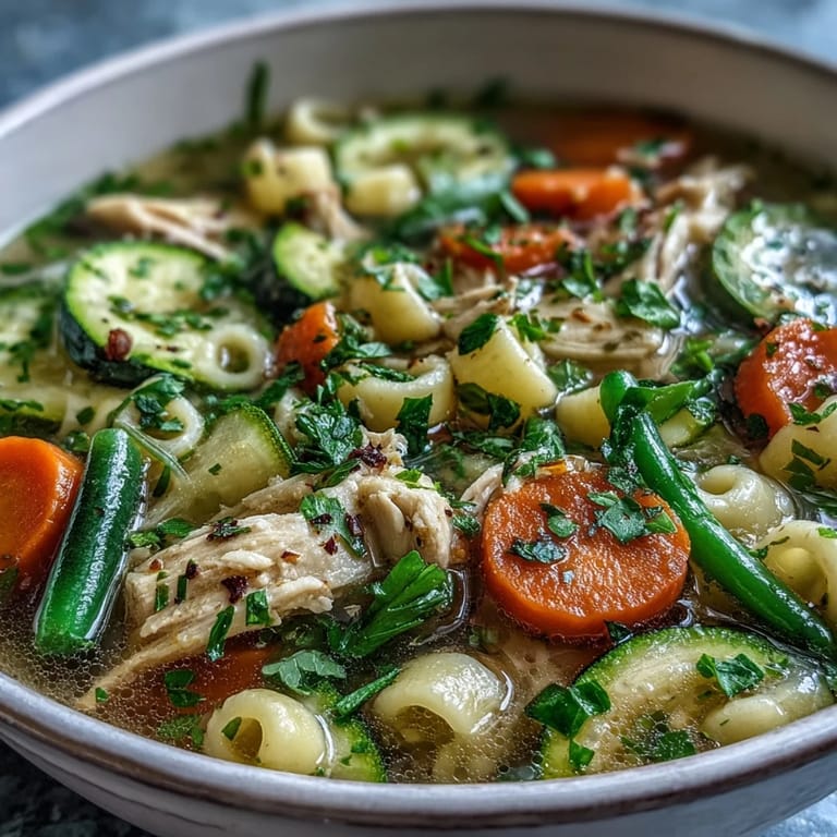 Close-up of Pasta Soup With Chicken and Vegetables showing ditalini pasta, zucchini, and chicken cubes swimming in a rich, herb-infused broth with a Parmesan sprinkle.