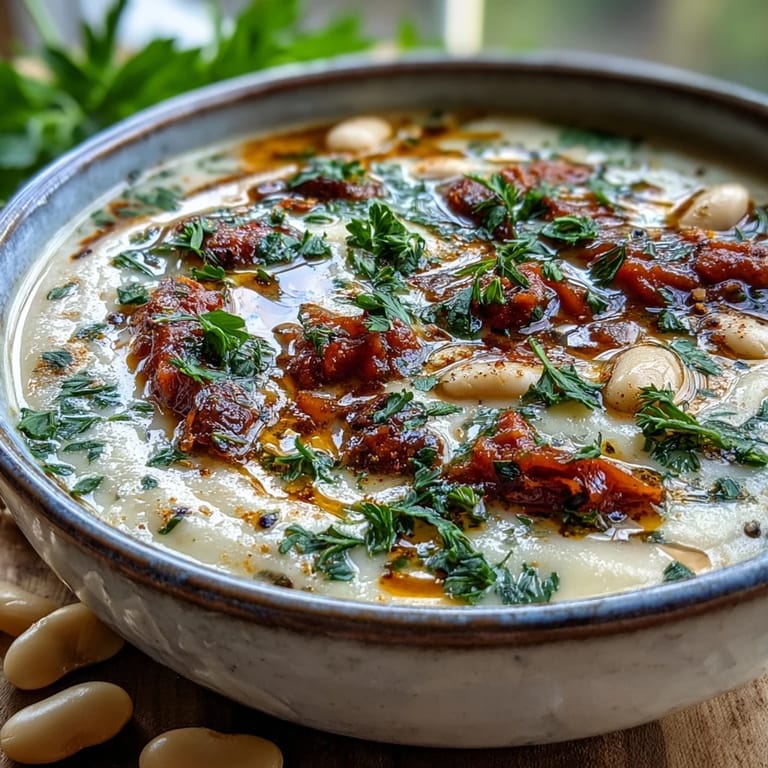 White Bean Soup With Tomato simmering in a pot, featuring diced tomatoes and aromatic herbs for a comforting Mediterranean meal.