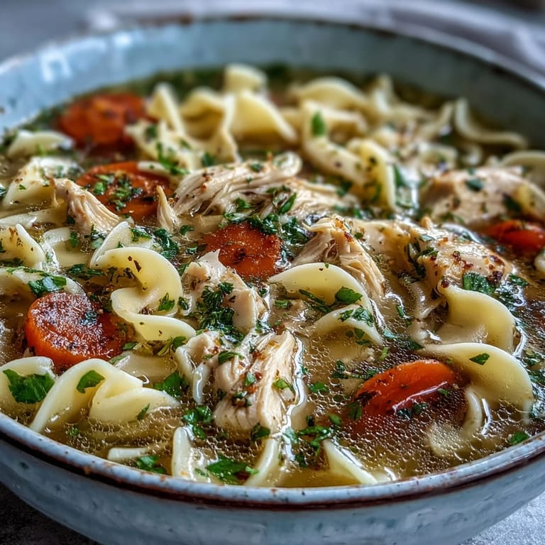 Hearty chicken noodle soup steaming in a rustic bowl, garnished with fresh parsley and served with crusty bread.  