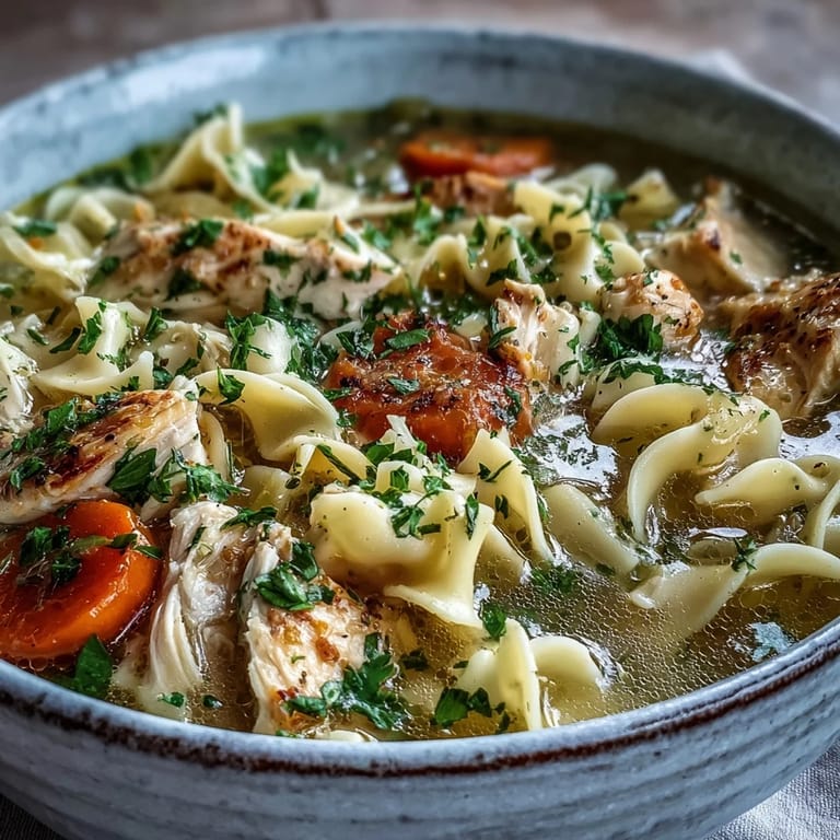 Comforting chicken noodle soup simmering on the stovetop, featuring golden carrots, diced celery, and fluffy egg noodles.