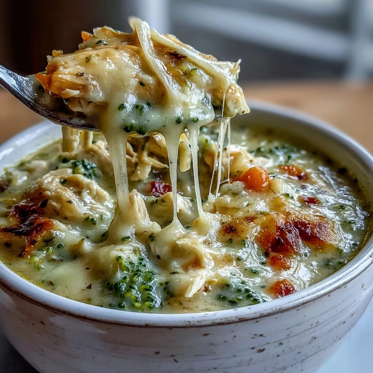 Close-up of the Best Chicken Broccoli Cheddar Soup featuring tender chicken pieces, vibrant green broccoli florets, and melted cheddar cheese.