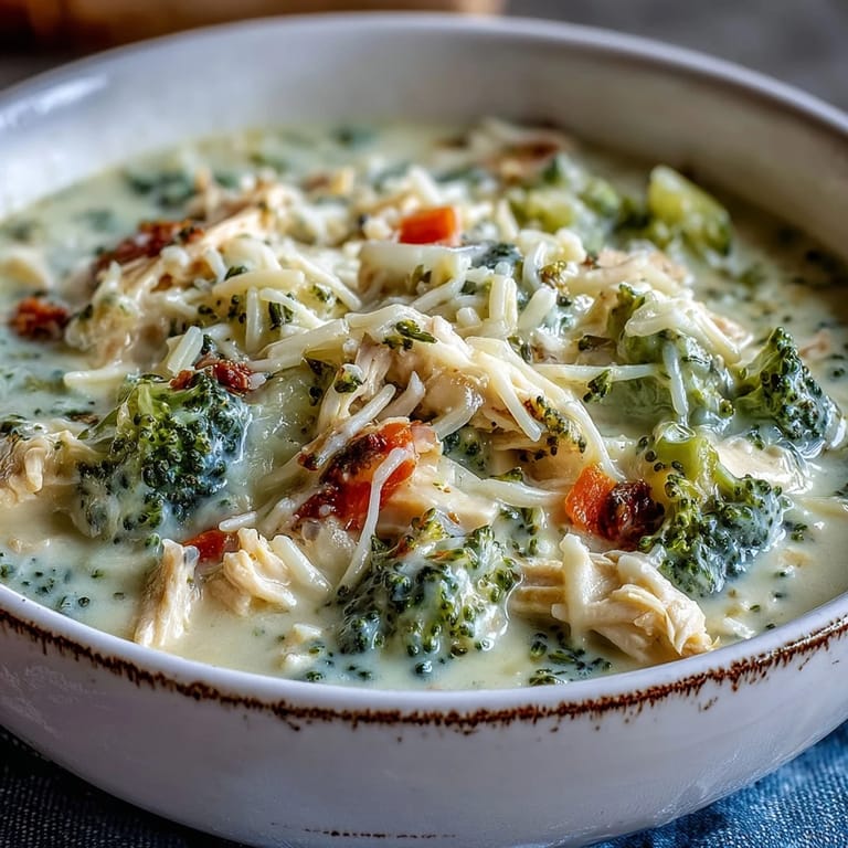 Comforting Best Chicken Broccoli Cheddar Soup served in a white ceramic bowl, ready to be enjoyed with a side of crusty bread.