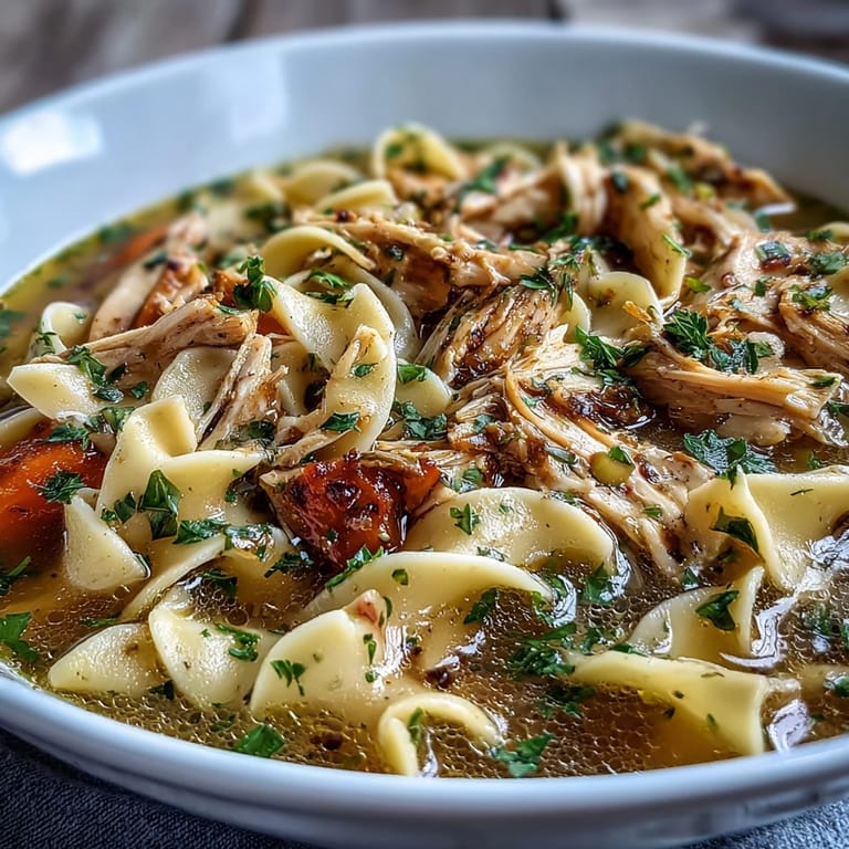 Homemade Chicken and Noodle Soup with wide egg noodles, fresh parsley, and savory aromatics, ready to warm up on a chilly evening.