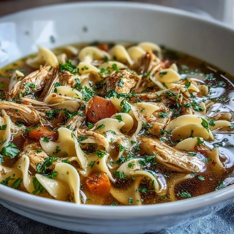 Comforting Chicken and Noodle Soup served in a rustic bowl, highlighting hearty vegetables and fluffy noodles in a savory, aromatic broth.