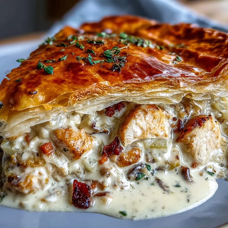 Steam rises from a rustic Chicken and Leek Pie served alongside buttery mashed potatoes and fresh thyme sprigs.