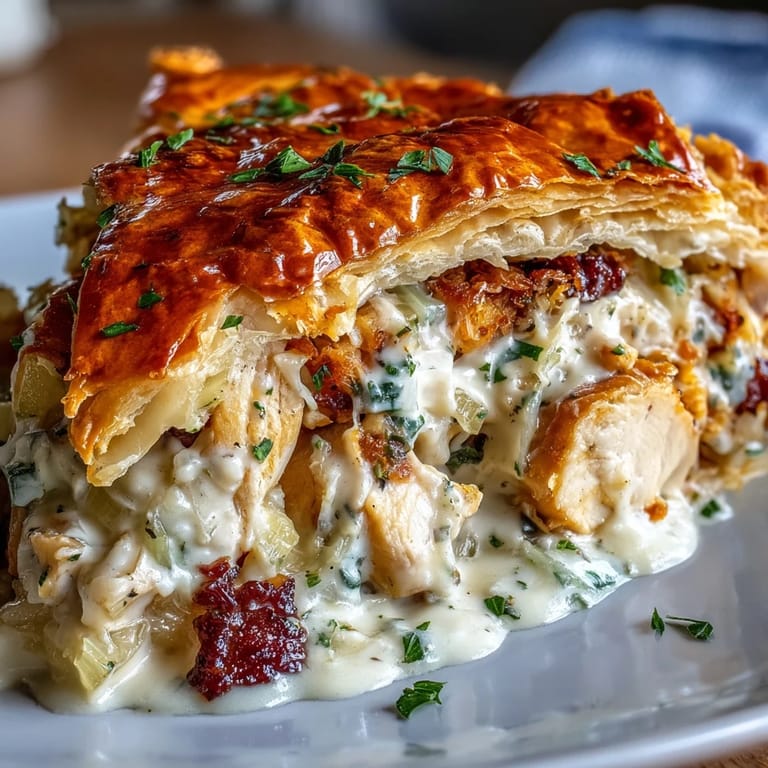 Savory Chicken and Leek Pie with a golden puff pastry crust, ready to be served hot from the oven.