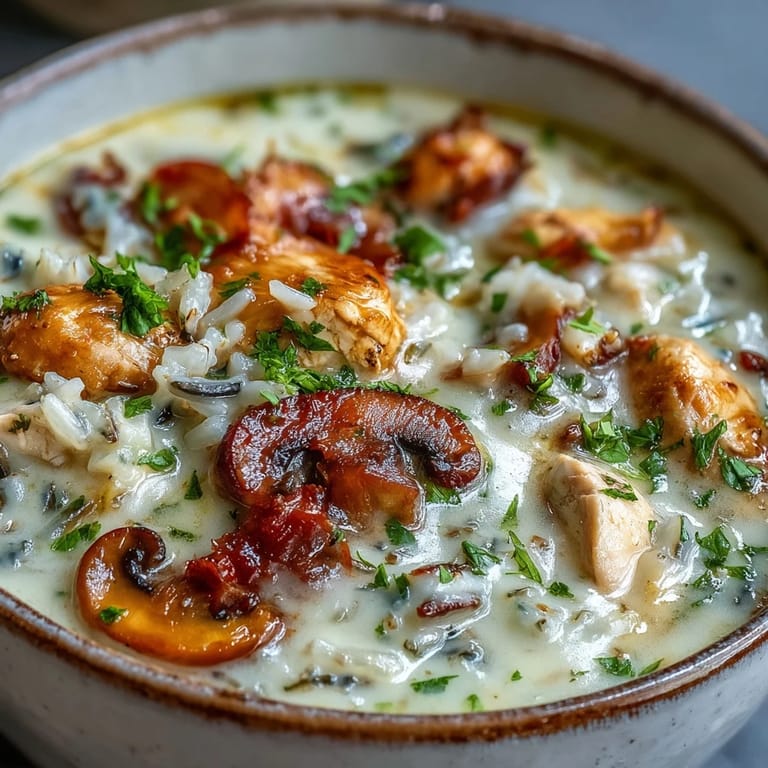 Close-up view of rich Parmesan Mushroom Chicken and Wild Rice Soup in a rustic bowl, highlighting creamy texture, savory herbs, and a sprinkle of extra Parmesan.