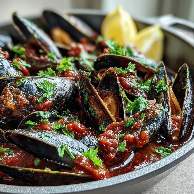 Smoky Mussels Pomodoro ready to eat, accompanied by crusty bread for dipping into the sauce.