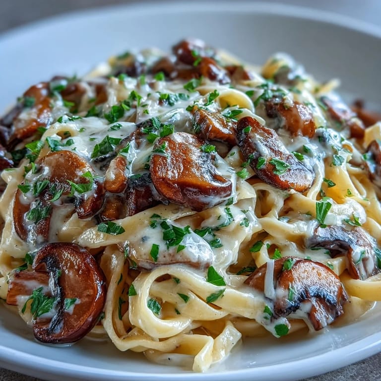 A close-up of Creamy Mushroom Stroganoff highlighting earthy mushrooms and a rich, velvety miso sauce.