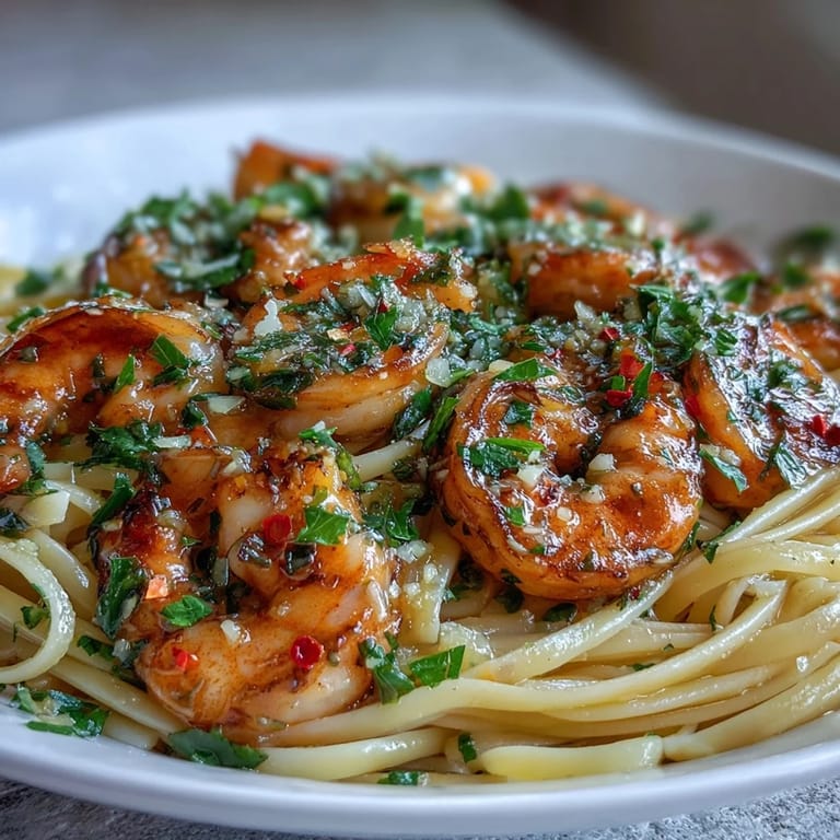 A skillet of Shrimp Scampi With Linguine served with lemon wedges and a glass of crisp white wine.