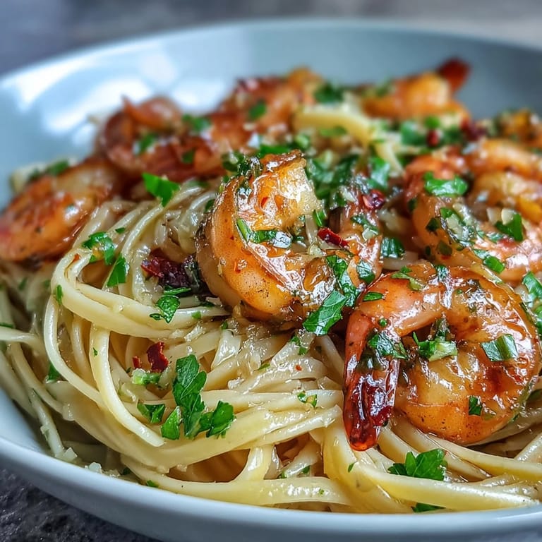 Tender pink shrimp nestle over steamy linguine in a glossy, garlicky Shrimp Scampi With Linguine sauce.
