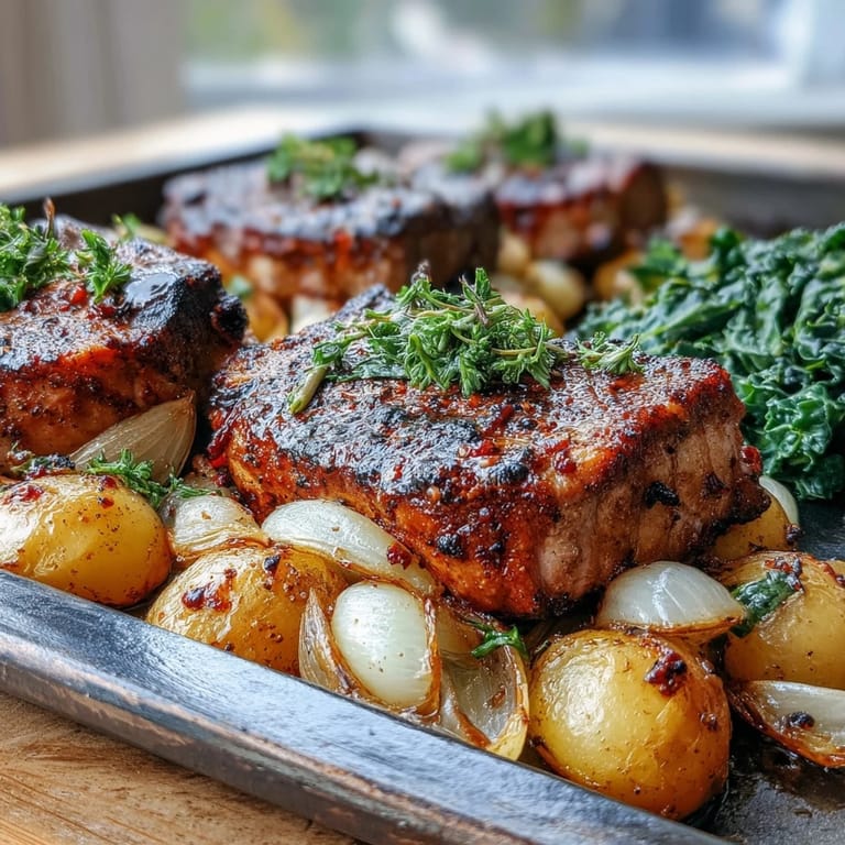 A vibrant platter of Aleppo Pork Chops, roasted potatoes, and garlicky greens on a rustic table.