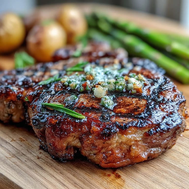 Juicy, medium-rare bone-in rib eye steak topped with smashed garlic, paired with grilled asparagus and lemon for a bright finish.
