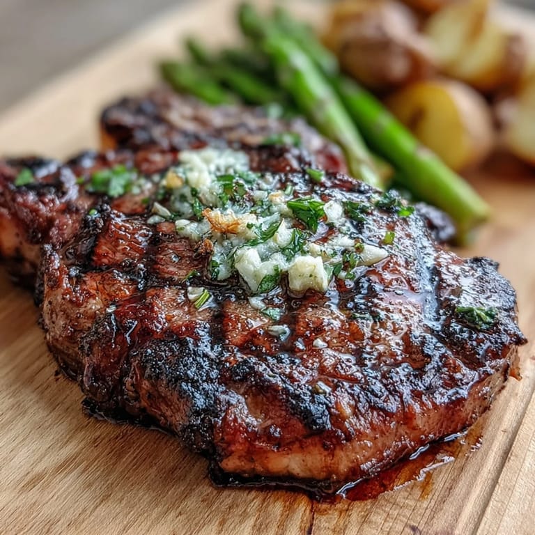Sizzling bone-in rib eye steak fresh off the grill, served alongside tender asparagus and creamy baby potatoes for a complete dinner.
