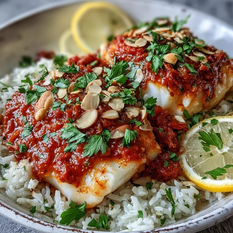 Vibrant tomato-roasted cod with golden fish nestled in rich sauce, scattered with toasted almonds alongside fluffy ginger rice.