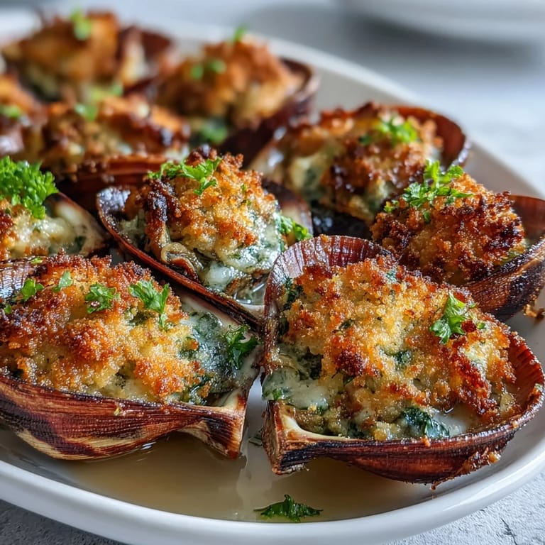 Fork holding a bite of Roasted Clams With Lemony Panko, showcasing the crispy, zesty breadcrumb topping and tender clam meat.