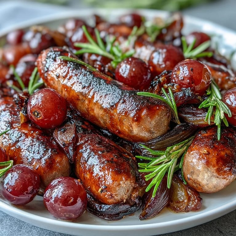 Golden roasted sausage and grapes tossed with olive oil and rosemary, plated with crusty bread for dipping.