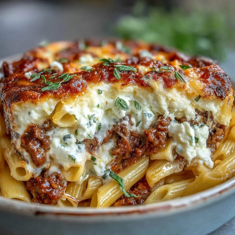 Freshly baked Cottage Cheese Protein Pasta Bake with ground beef is pulled from the oven, cheese melted and lightly browned.