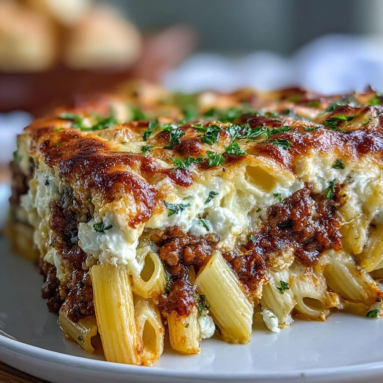 A spoon lifts a creamy serving of Cottage Cheese Protein Pasta Bake with ground beef from the dish, revealing tender pasta.