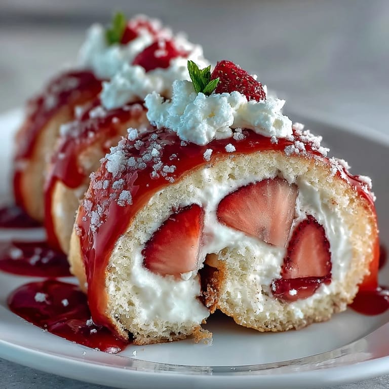 Overhead view of homemade Strawberry Shortcake Sushi Roll pinwheels revealing layers of airy sponge cake and juicy strawberries inside.