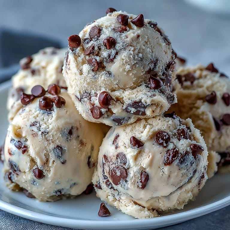 A fresh batch of Greek Yogurt Cookie Dough is packed with melty chocolate chips, ideal for portioning into bite-sized scoops.