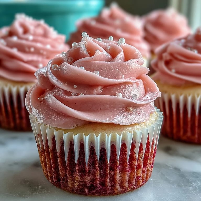 A cheerful platter of Pink Velvet Cupcakes with Vanilla Buttercream Frosting, ready for a party, topped with pink sprinkles and edible pearls.