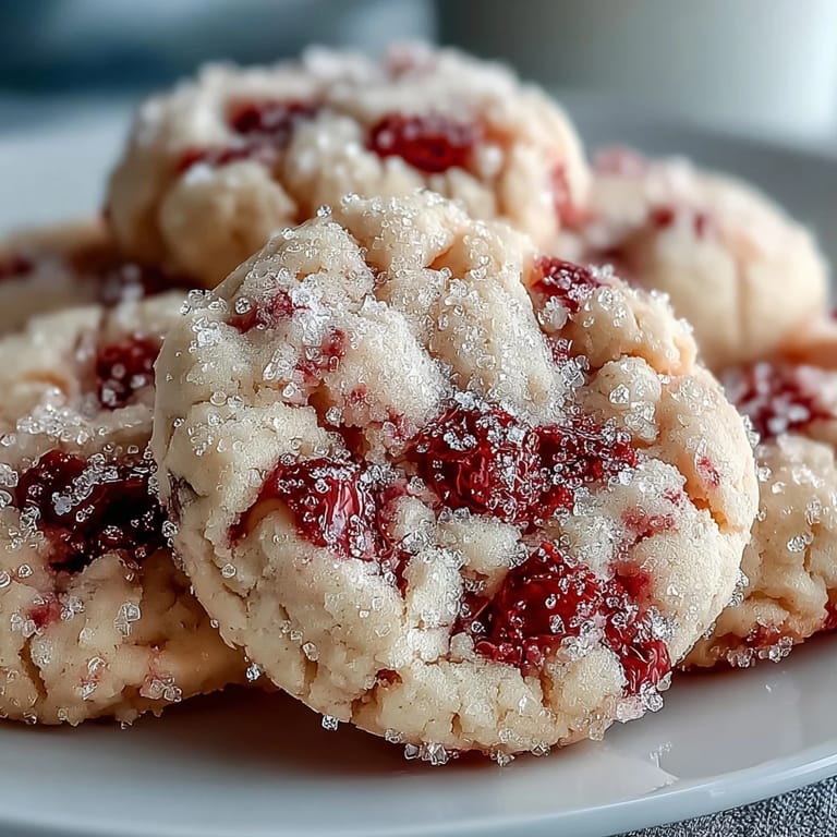 Homemade soft chewy raspberry sugar cookies with a crisp sugar coating and juicy raspberries, ideal for berry season baking.