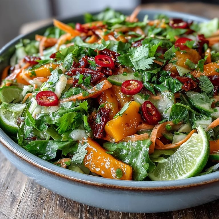 Golden ripe mangoes and colorful vegetables in the Refreshing Mango Salad with Lime Dressing are tossed with a zesty lime-honey dressing and garnished with cilantro, ready for a light lunch or dinner.  