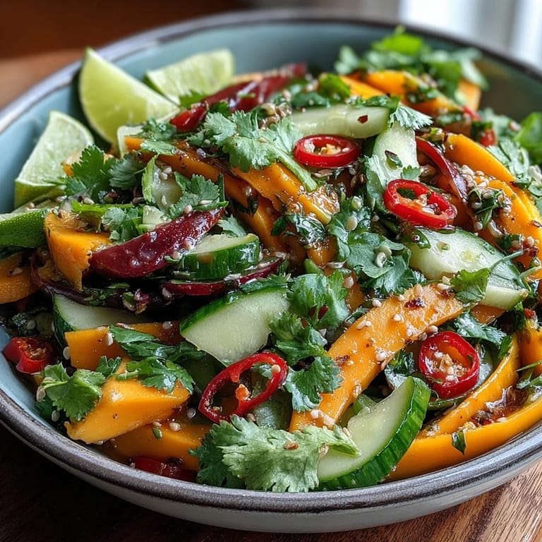 In a white bowl, the Refreshing Mango Salad with Lime Dressing features sweet mango, crunchy veggies, and a glossy citrus dressing, garnished with cilantro and optional red chilies for a gentle kick.