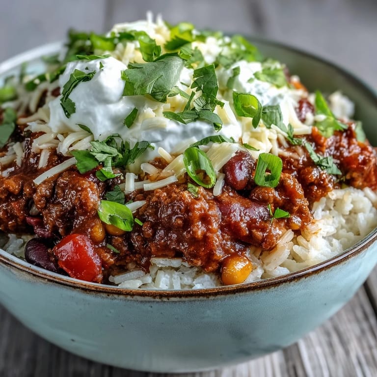 Comforting chili bowl base featuring savory beans and tomatoes over rice, garnished with green onions and a dollop of cool sour cream.