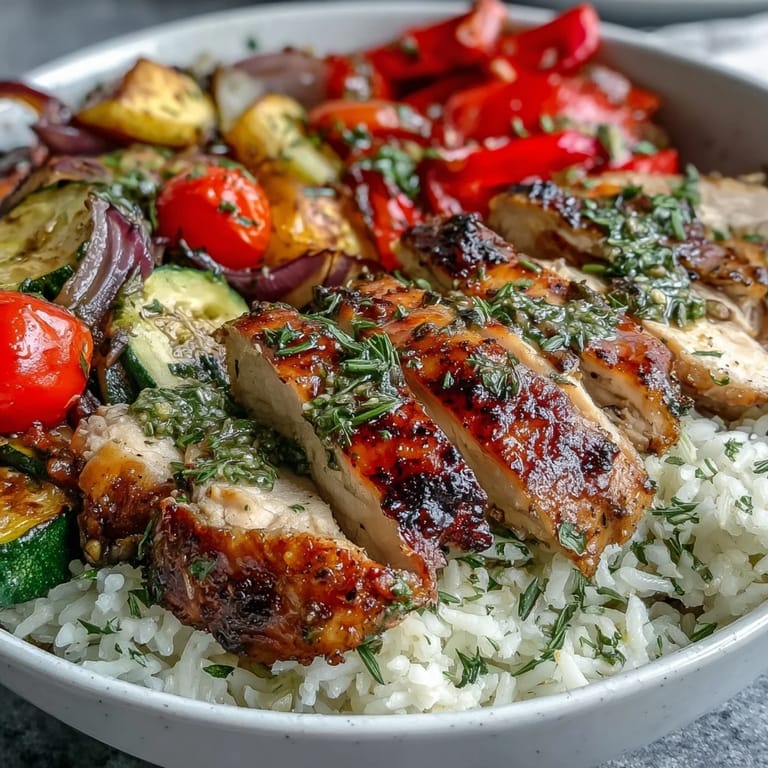This wholesome Lemon Herb Roasted Chicken Bowl features golden-brown chicken slices, glazed vegetables, and a light zesty lemon dressing drizzle.