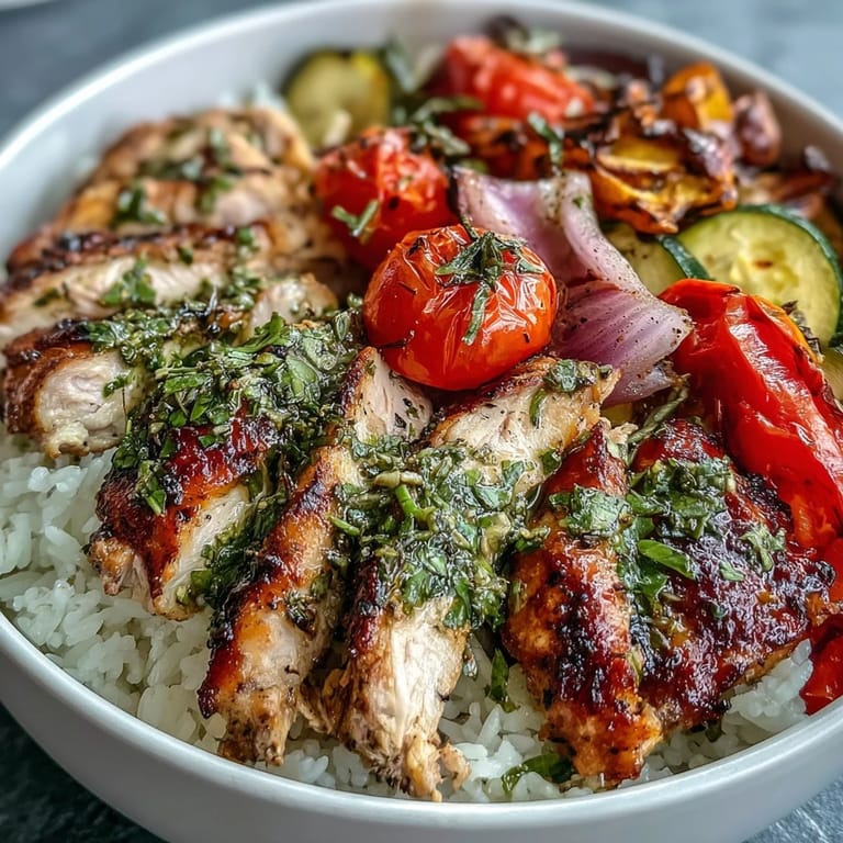 Close-up of the Lemon Herb Roasted Chicken Bowl showing juicy chicken, steaming rice, and caramelized veggies ready for a healthy dinner.