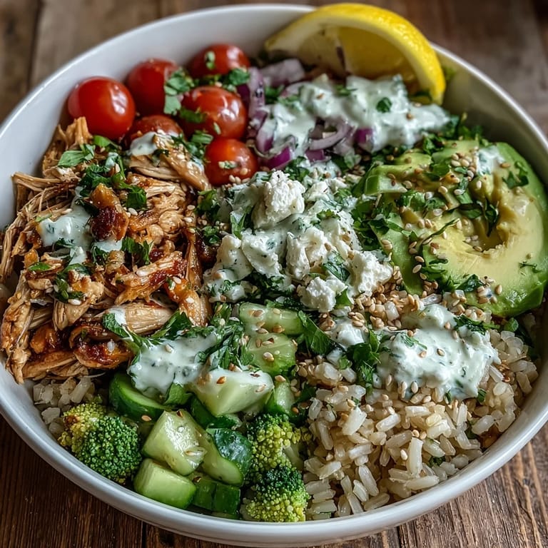 Colorful Rotisserie Chicken Bowl topped with steamed broccoli, cucumber, fresh herbs, and sesame seeds.