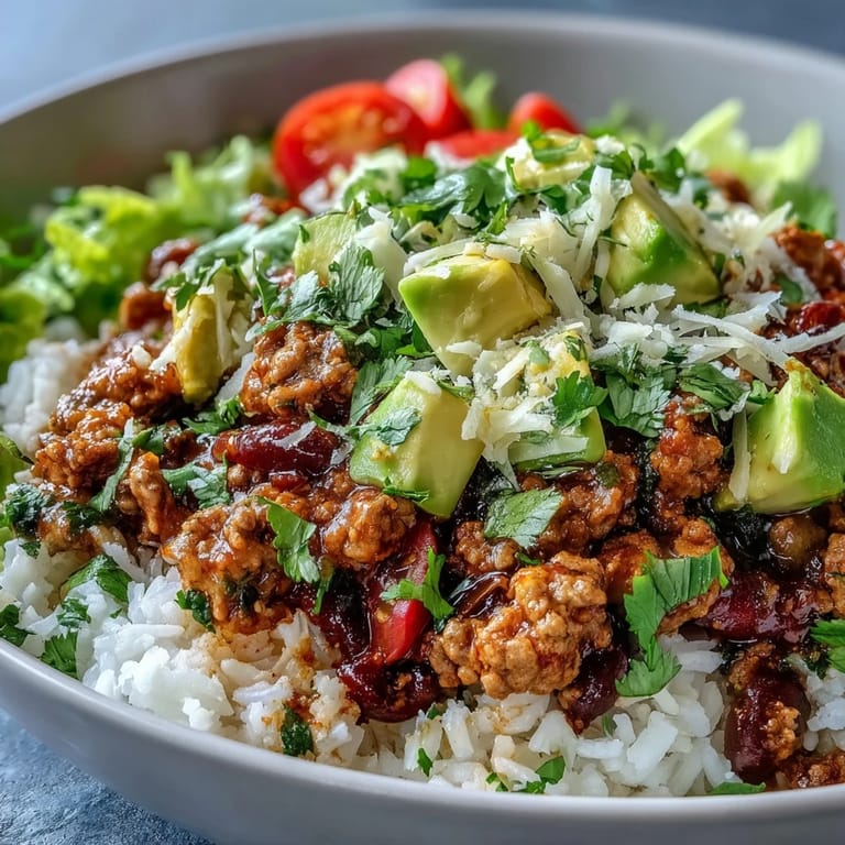 Hearty Turkey Taco Bowl filled with spiced turkey, rice, cheddar, sour cream, and fresh cilantro, perfect for an easy dinner.