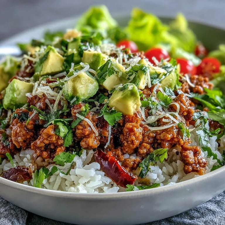 Assembled Turkey Taco Bowl featuring ground turkey, red bell peppers, salsa, and avocado, ready for a customizable Mexican-inspired meal.