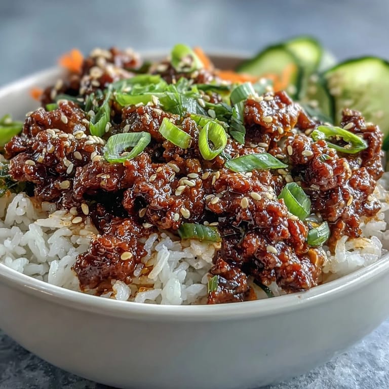 Ready-to-eat Korean Ground Beef Bowl garnished with sesame seeds, showcasing a mix of tender beef, rice, and vibrant quick-pickled vegetables.