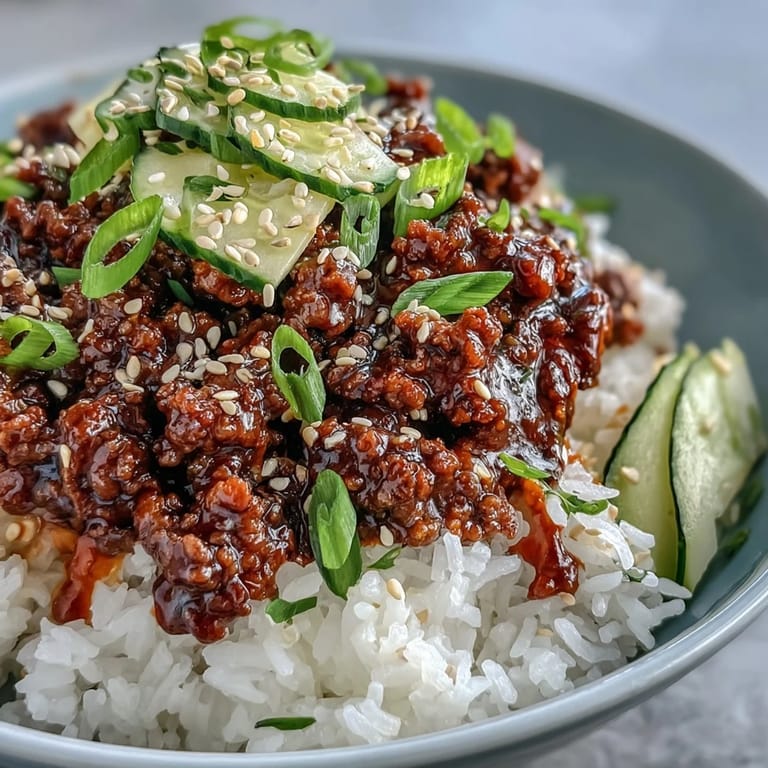 This Korean Ground Beef Bowl features savory beef, crisp pickled vegetables, and fresh green onions, served as a colorful and healthy weeknight dinner.