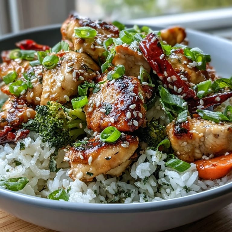 A close-up of a wholesome Chicken and Rice Bowl garnished with green onions and sesame seeds, perfect for a quick weeknight dinner.  