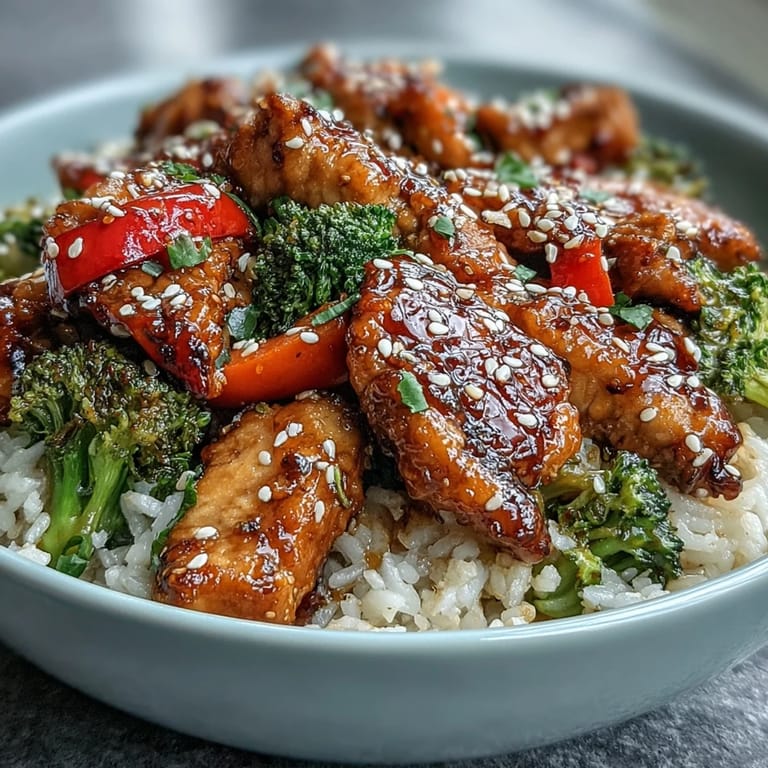 Savory Honey Garlic Chicken Bowl served over white rice, garnished with fresh green onions and sesame seeds for a colorful, family-style meal.  