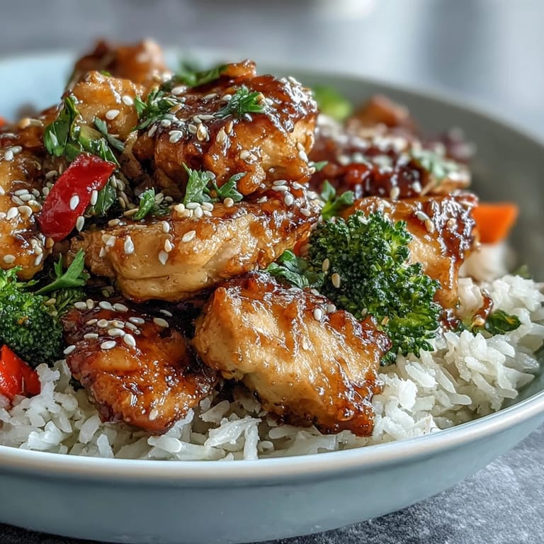 Close-up view of Honey Garlic Chicken Bowl with sticky honey garlic sauce coating juicy chicken pieces alongside broccoli, carrots, and bell peppers.