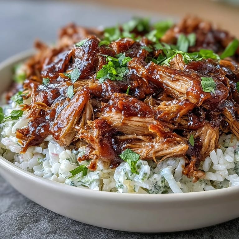 Close-up of Pulled Pork Bowl with juicy pork, crunchy slaw, and rice on a rustic table.