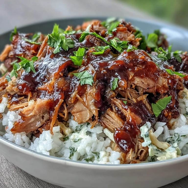 A hearty Pulled Pork Bowl garnished with green onions and cilantro, drizzled with smoky sauce.