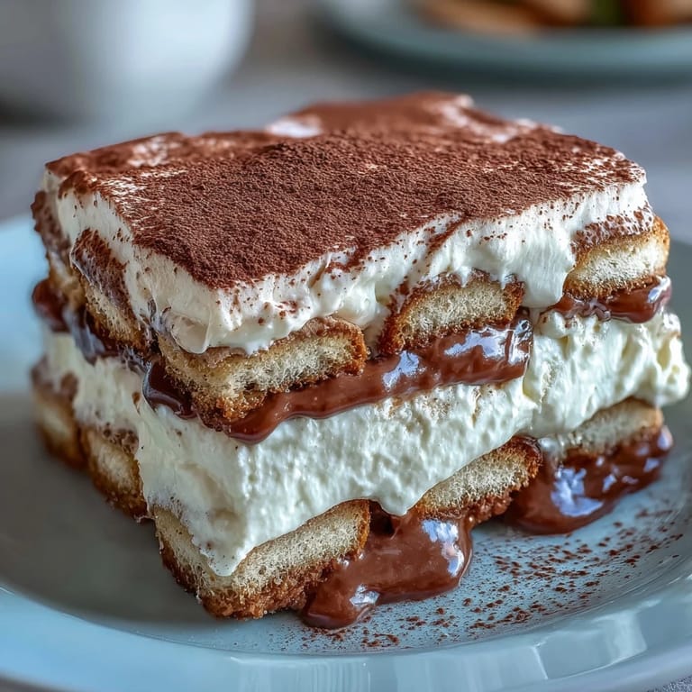 Fork slicing into chilled Hojicha Tiramisu, revealing coffee-soaked biscuits and airy mascarpone cream layers. 