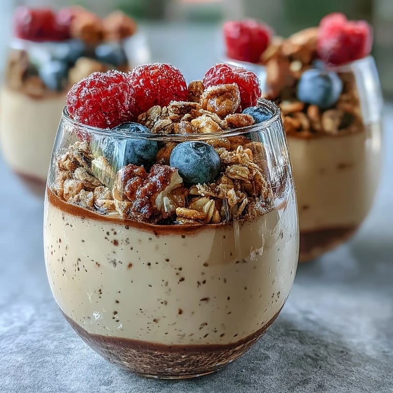 Hojicha panna cotta parfait topped with juicy berries and granola, ready to serve chilled.