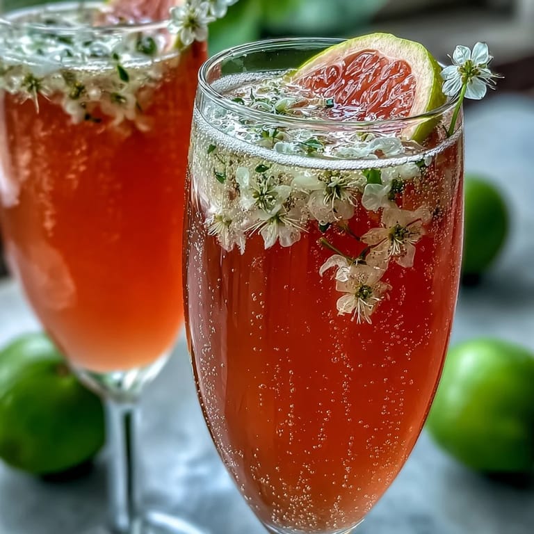Serving suggestion of Elderflower Guava Mimosa garnished with fresh guava slice and flowers.