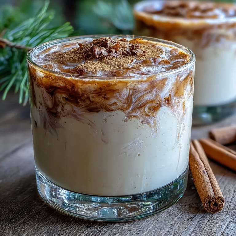 Close-up of homemade Guava Coquito being poured into a small glass, highlighting its vibrant pink hue and tropical aroma.