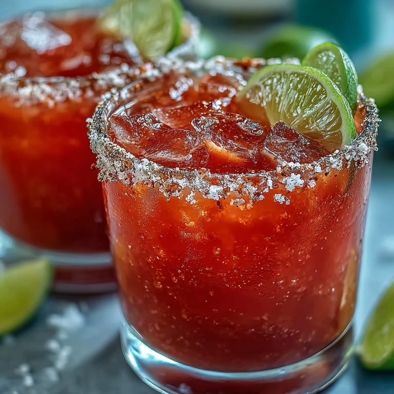 Vibrant Guava Margarita in a rocks glass with a Tajín rim, brimming with sweet-tangy guava nectar and zesty lime.