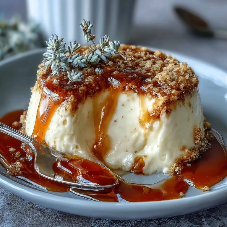 Elegant lavender-infused panna cotta drizzled with golden honey and garnished with edible flowers.  