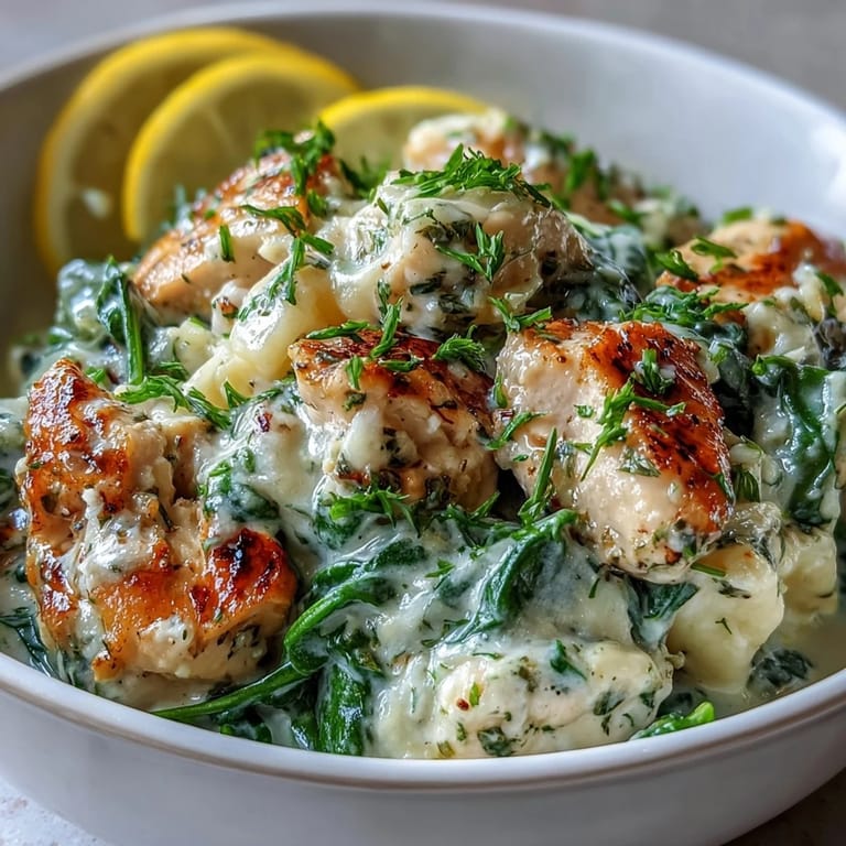 Bright lemon orzo dish with chicken and wilted spinach, perfect for an easy weeknight dinner.