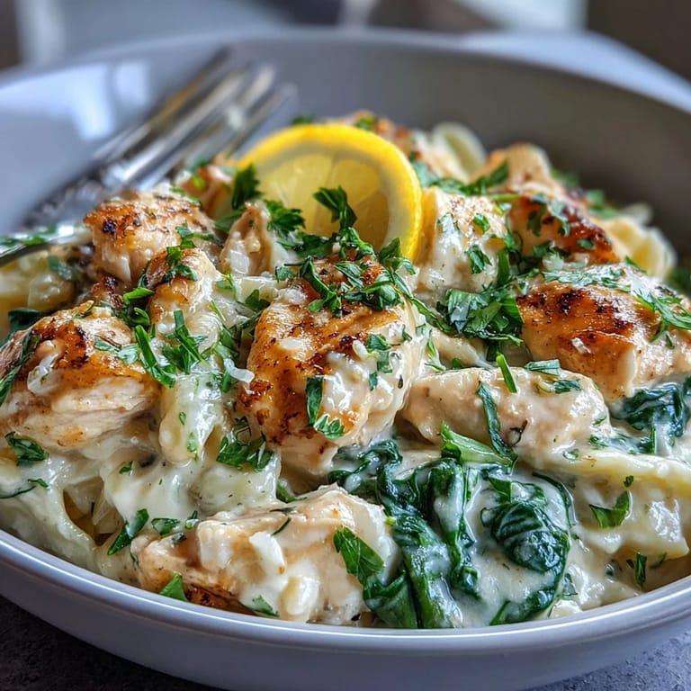 Creamy orzo pasta with tender chicken, fresh spinach, and zesty lemon in a one-pan meal.  